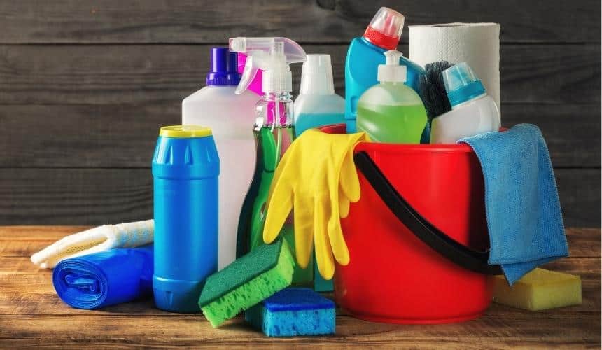 a box of different cleaning products