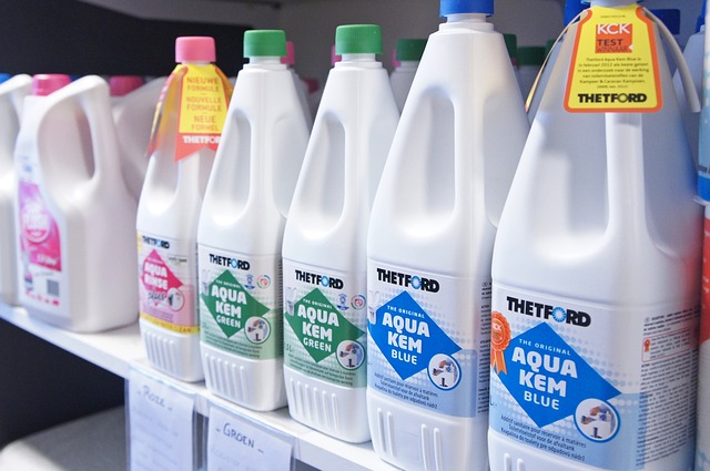 thetford portable toilet chemicals seating on a shelve 