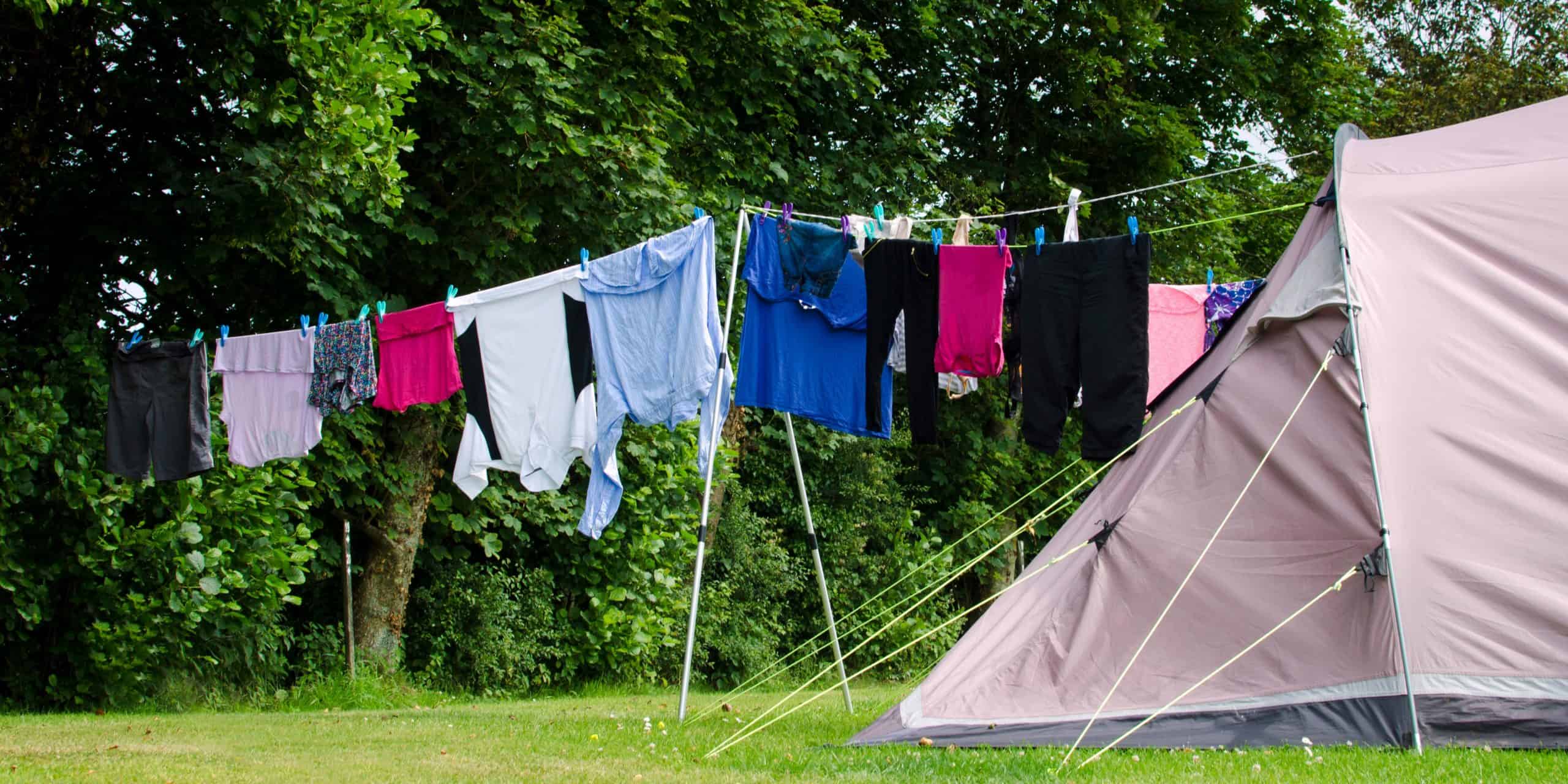 Camping clothesline set up on campground