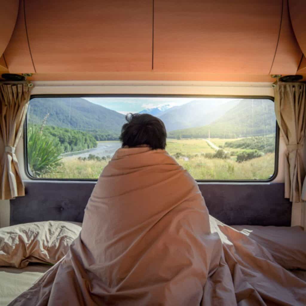Cold Man inside a campervan