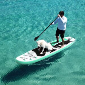 man and dog on Inflatable Paddleboard