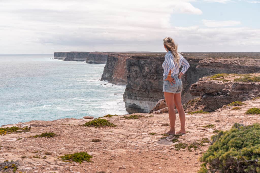 Dani looking at the view from Bunda Cliffs, trying to spot some whales. 