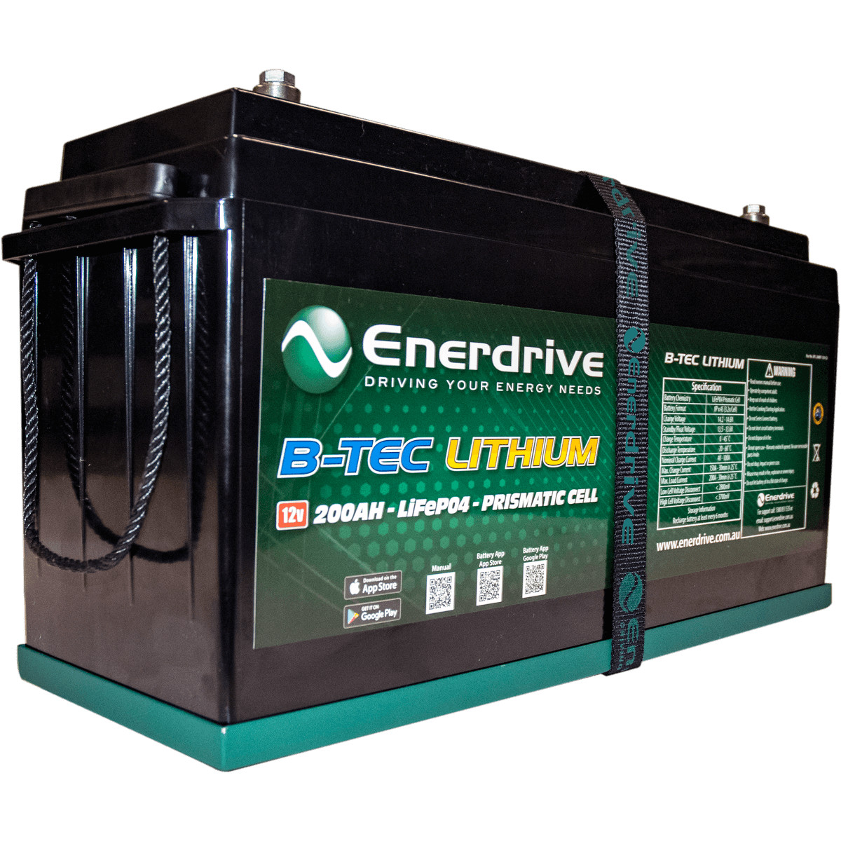 Product shot of the Enerdrive B-TEC 12V 200Ah G2 Lithium Battery