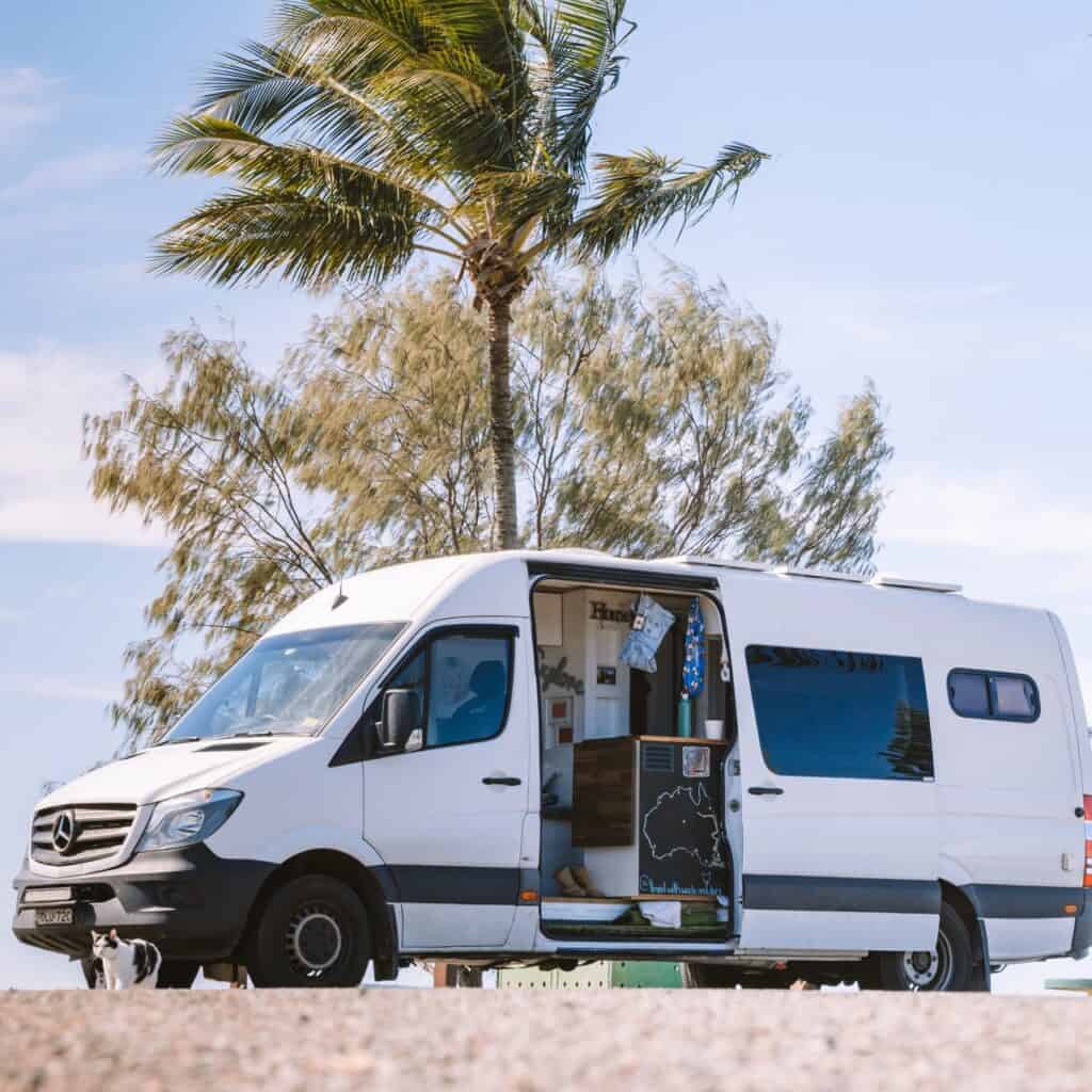 A campervan parked under a tree with a cat next to it 