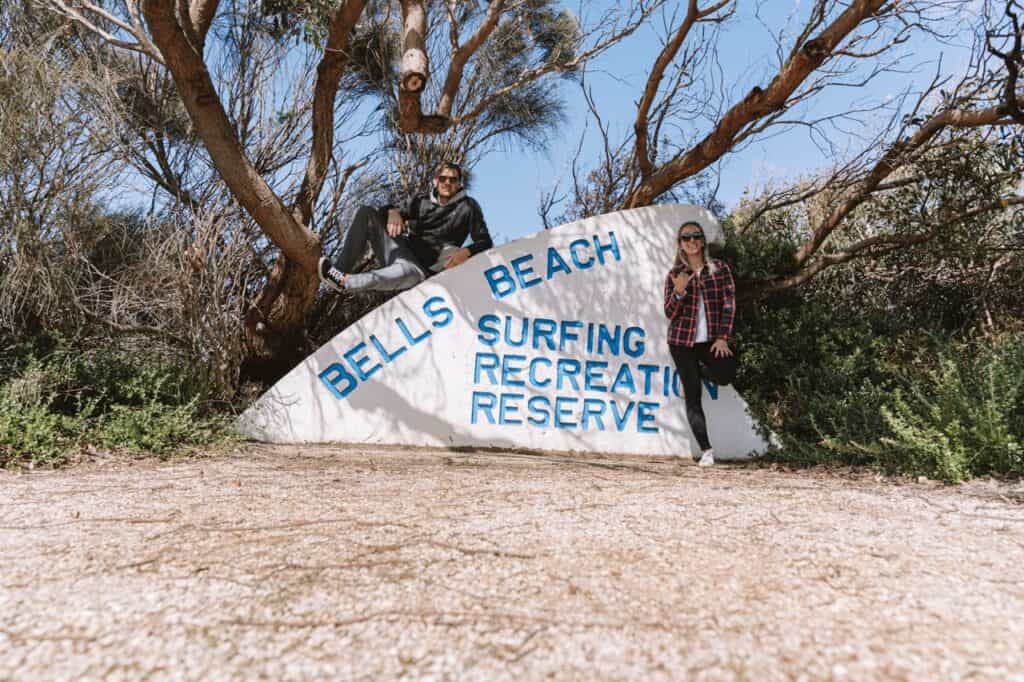 Wade and Dani by the Bells Beach sign
Wade is on top of the sign and Dani is next to it doing a shaka. 