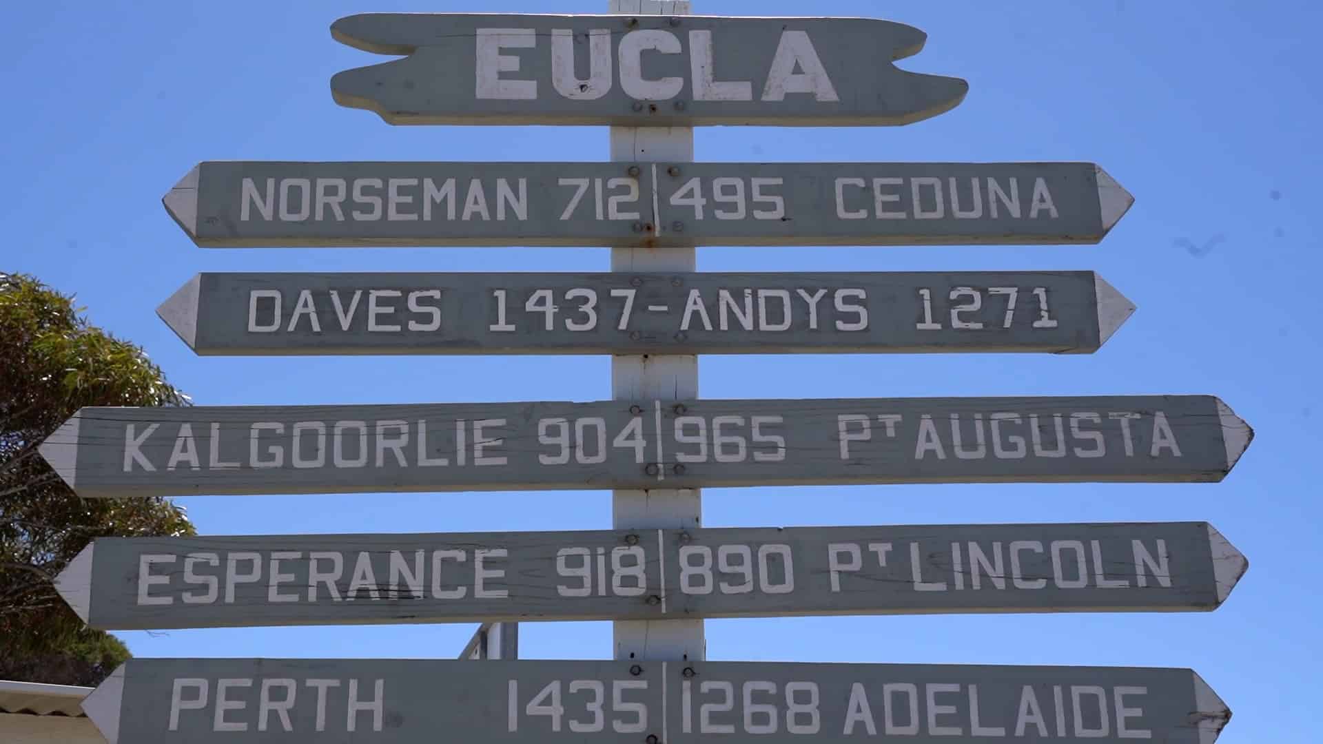 Eucla sign at the entrance of the town showing the distances form Eucla to other Australian cities. 