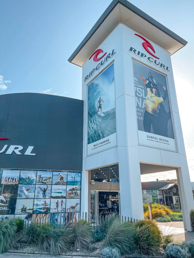 The entrance of the Rip Curl store in Torquay showing Mick Fanning and Gabriel Medina's photos 