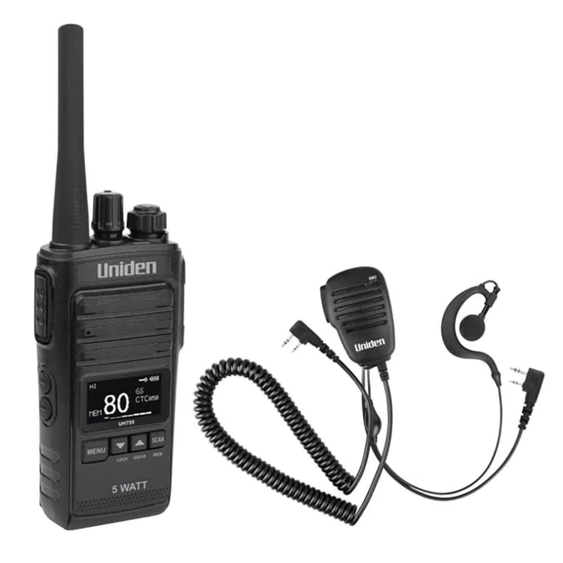 Product shot of the Uniden UH755 5-watt UHF Handheld Radio