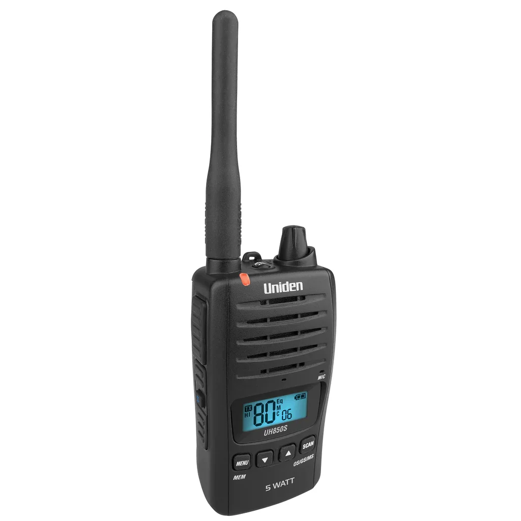 Product shot of the Uniden XTRAK 50 – 5-watt Waterproof IP67 Smart UHF Handheld Radio
