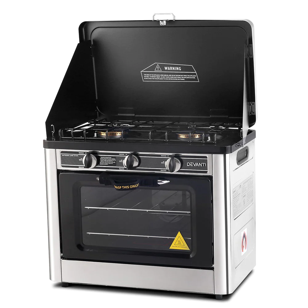 Product shot of the Devanti Silver & Black 3-Burner Portable Gas Oven