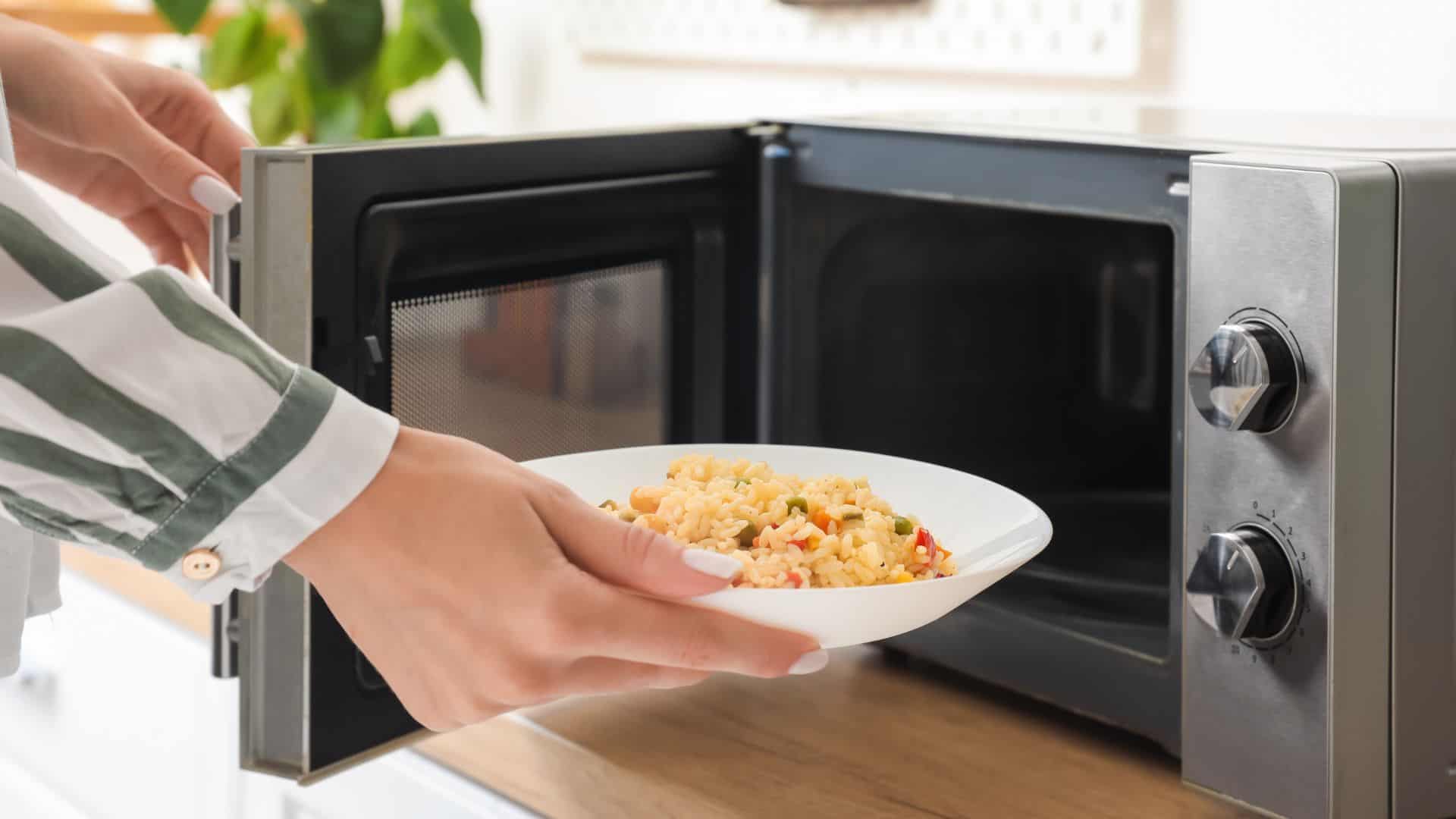 A plate of food going into a microwave in a caravan