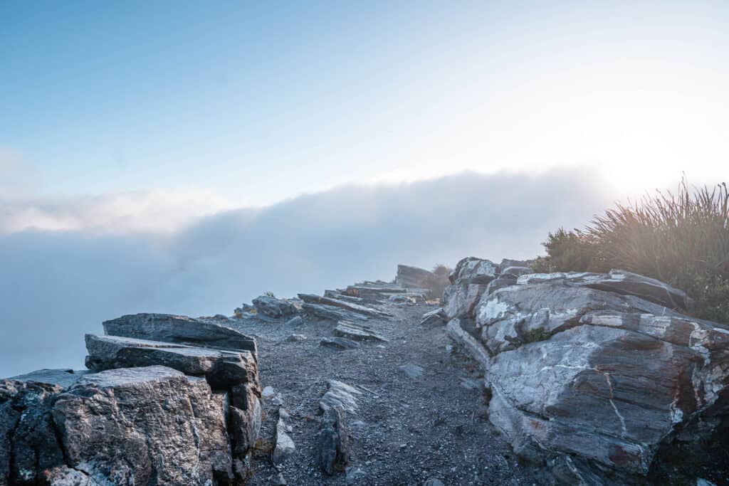 A picture from the summit of Bluff Knoll. There are many clouds covering the views