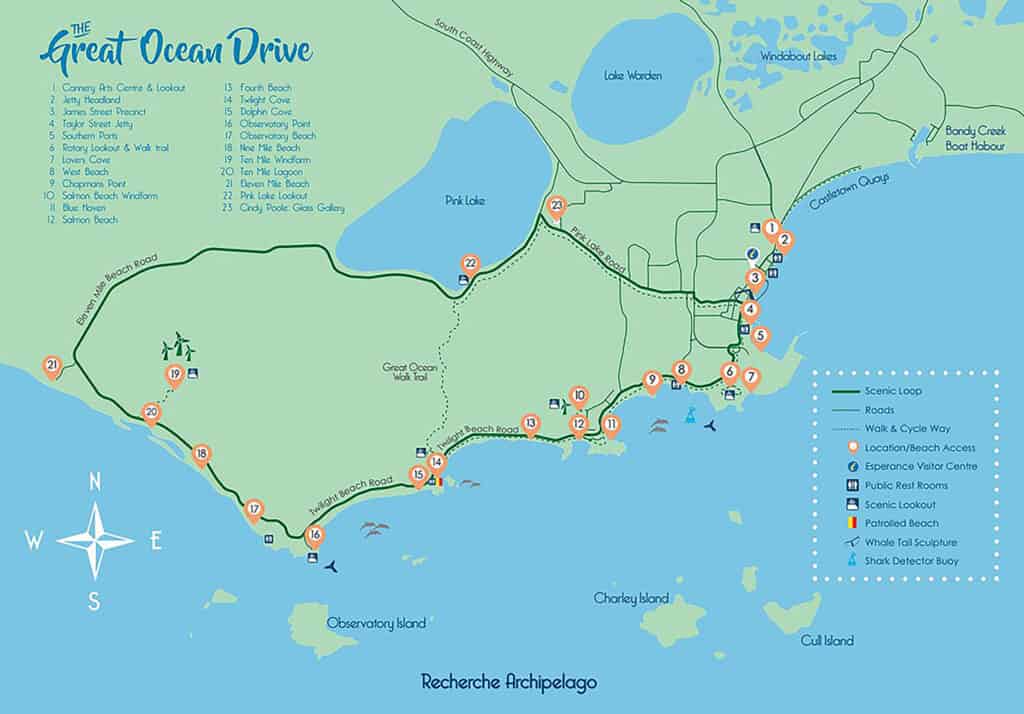 An image of the shire of esperance and an itinerary of the Great Ocean Drive and the 23 stops along the way