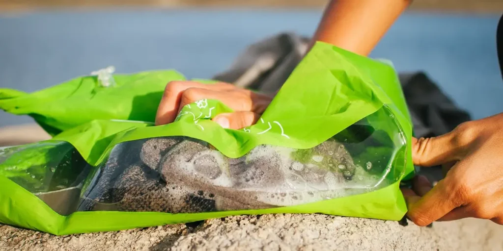 scrubba bag being used by washing clothes