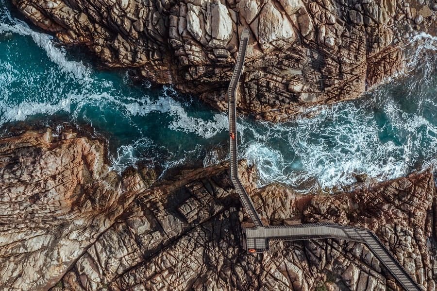 A drone picture from above the boardwalk in Canal Rocks