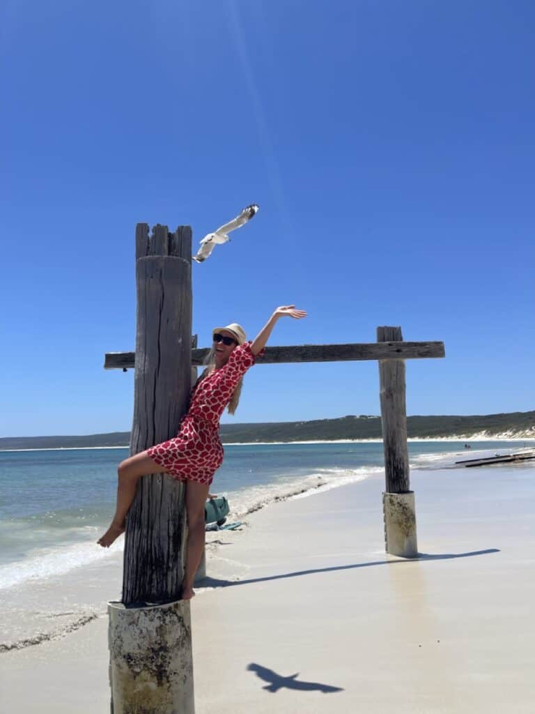 Dani hugging an old jetty pylon in Hamelin Bay 