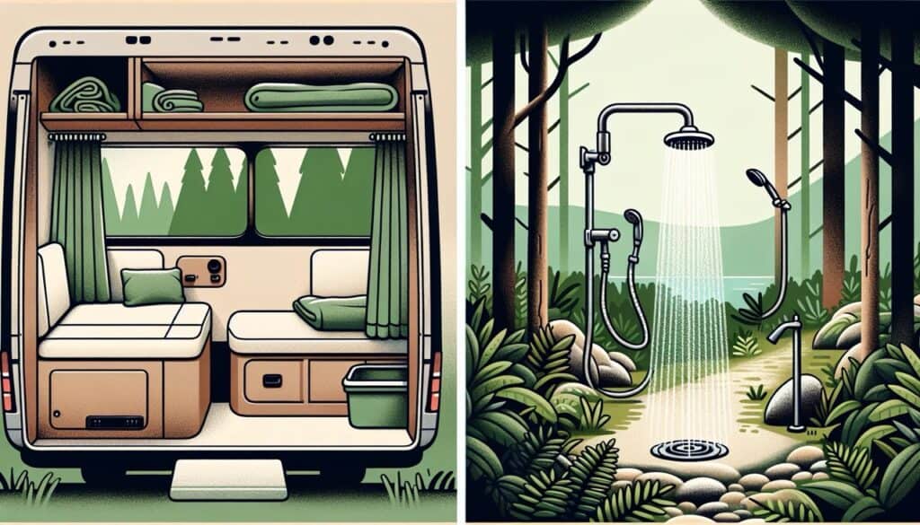 Illustration of indoor and outdoor campervan shower options Large